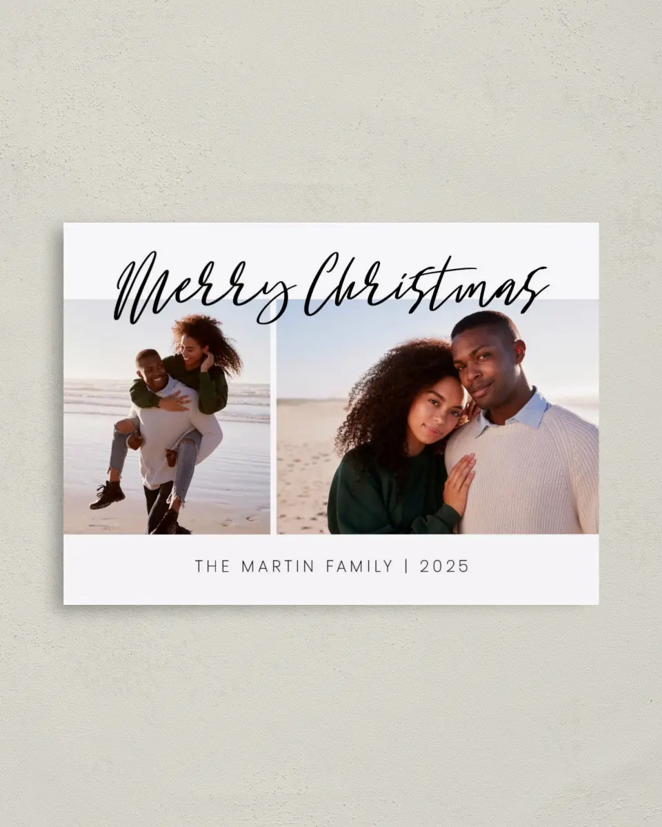 This is a 4" x 5.6" Christmas Card called Holiday Duo printed in full color on Premium Smooth paper