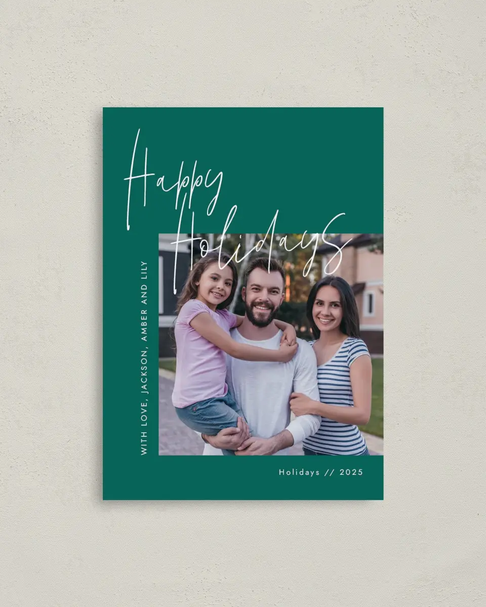 This is a 4" x 5.6" Christmas Card called Holiday Script printed in full color on Premium Smooth paper