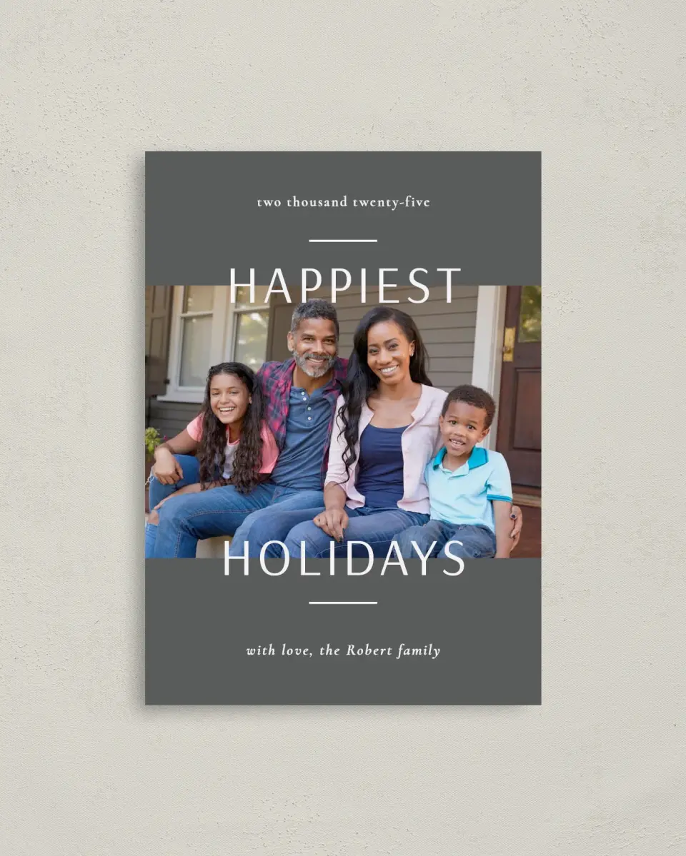 This is a 4" x 5.6" Christmas Card called Happiest Holidays printed in full color on Premium Smooth paper