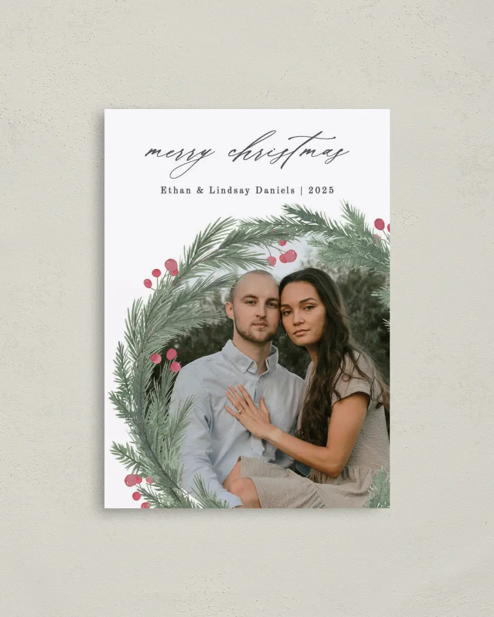 This is a 4" x 5.6" Christmas Card called Asymmetrical Wreath printed in full color on Premium Smooth paper