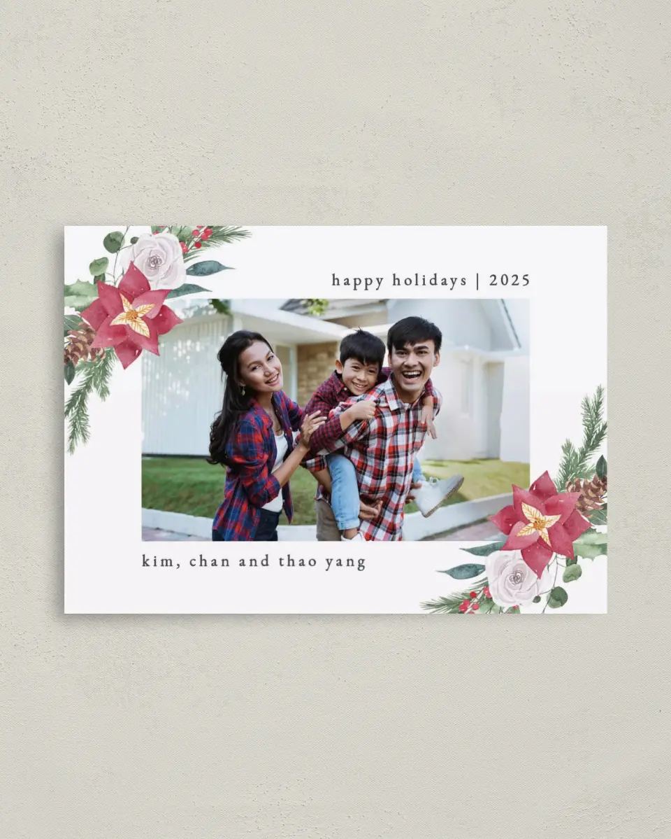 This is a 4" x 5.6" Christmas Card called Winter Floral Poinsettia printed in full color on Premium Smooth paper