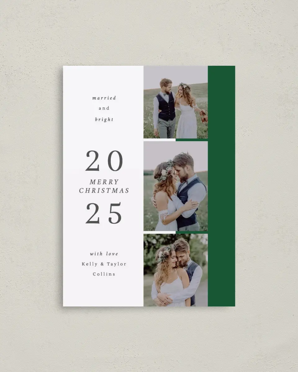 This is a 4" x 5.6" Christmas Card called Married and Bright printed in full color on Premium Smooth paper