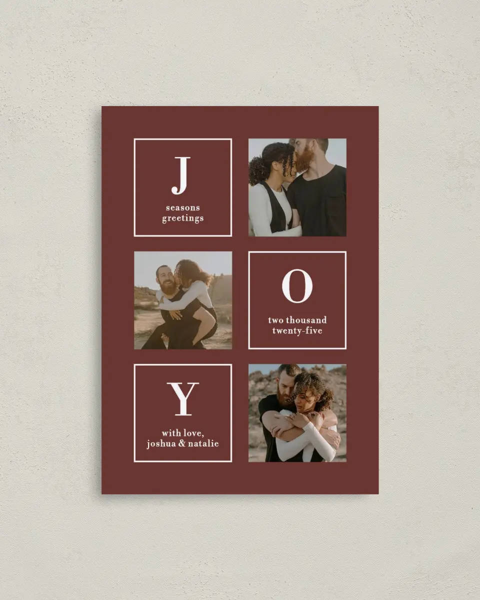 This is a 4" x 5.6" Christmas Card called Boxed Joy printed in full color on Premium Smooth paper