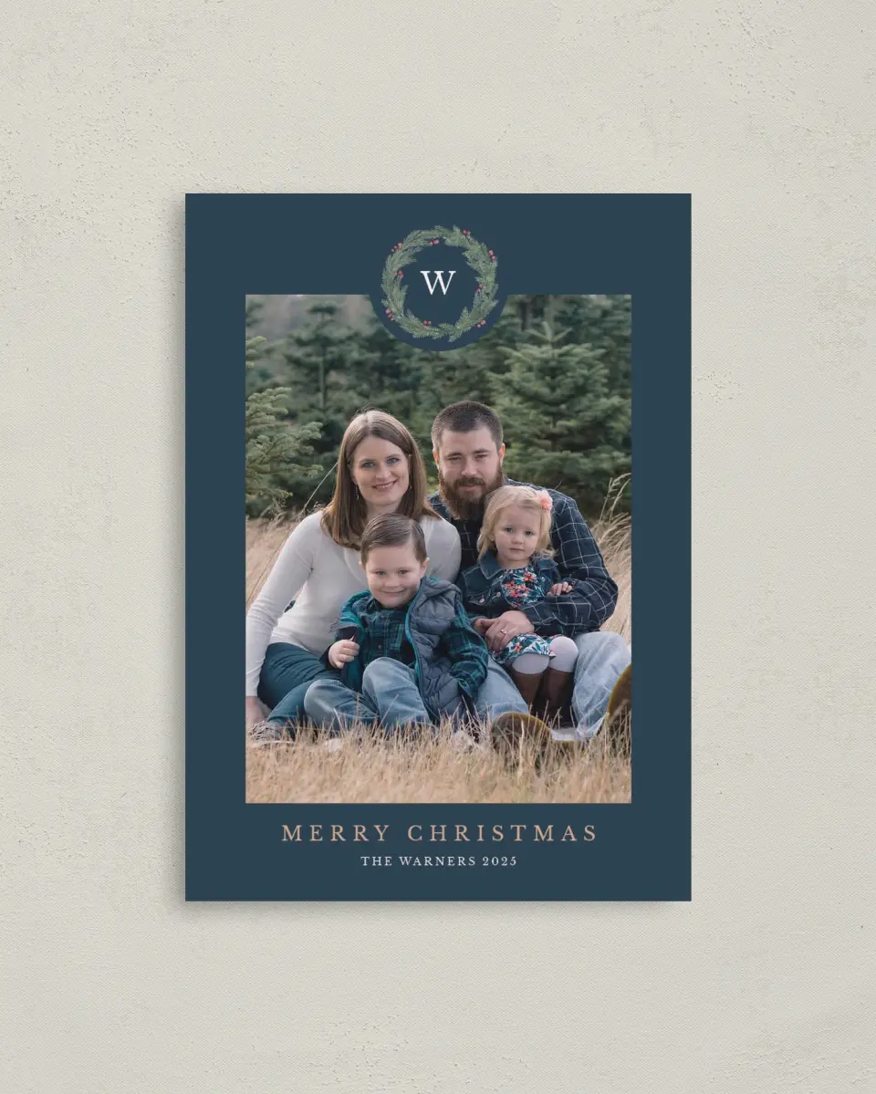 This is a 4" x 5.6" Christmas Card called Holiday Wreath printed in full color on Premium Smooth paper