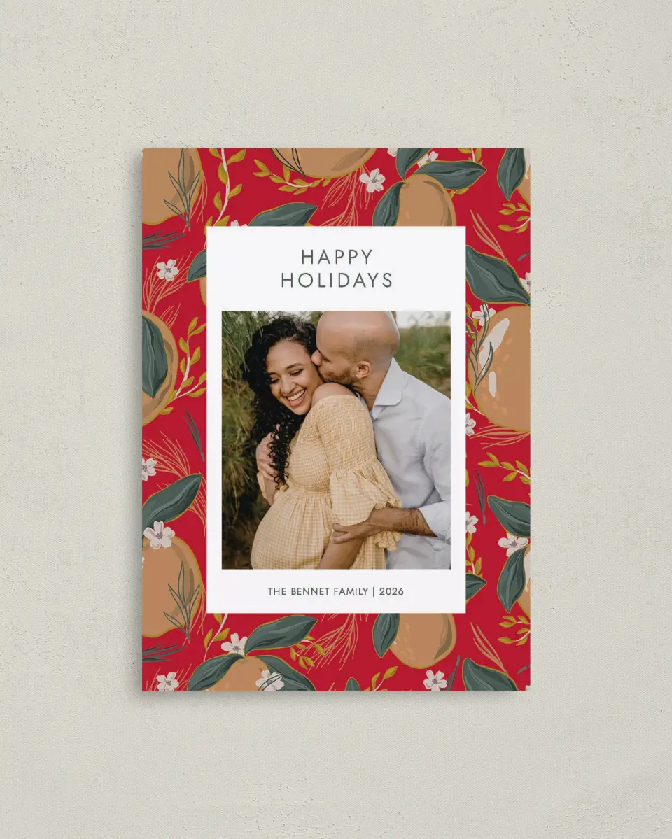 This is a 4" x 5.6" Christmas Card called Festive Fruit printed in full color on Premium Smooth paper