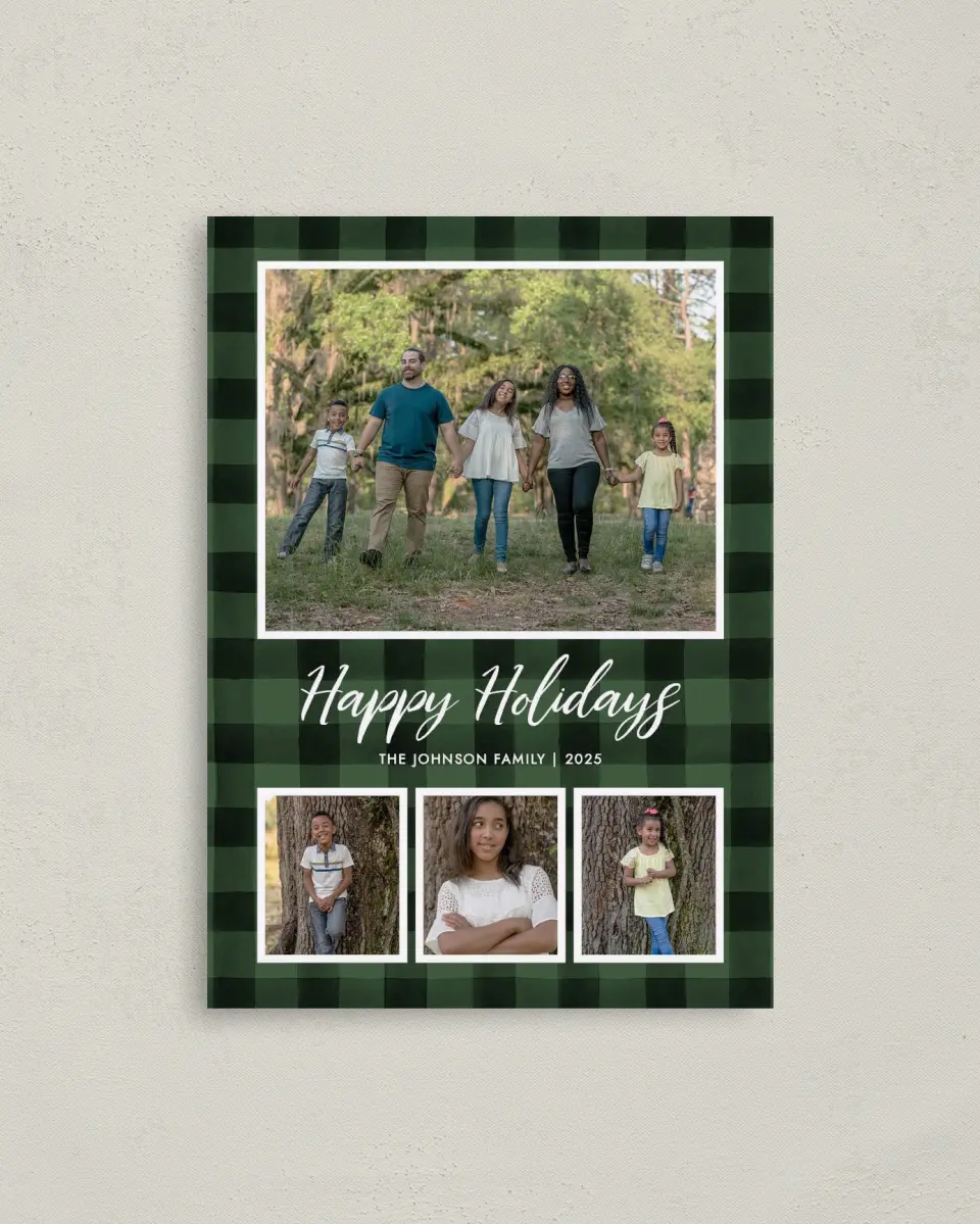 This is a 4" x 5.6" Christmas Card called Holiday Check printed in full color on Premium Smooth paper
