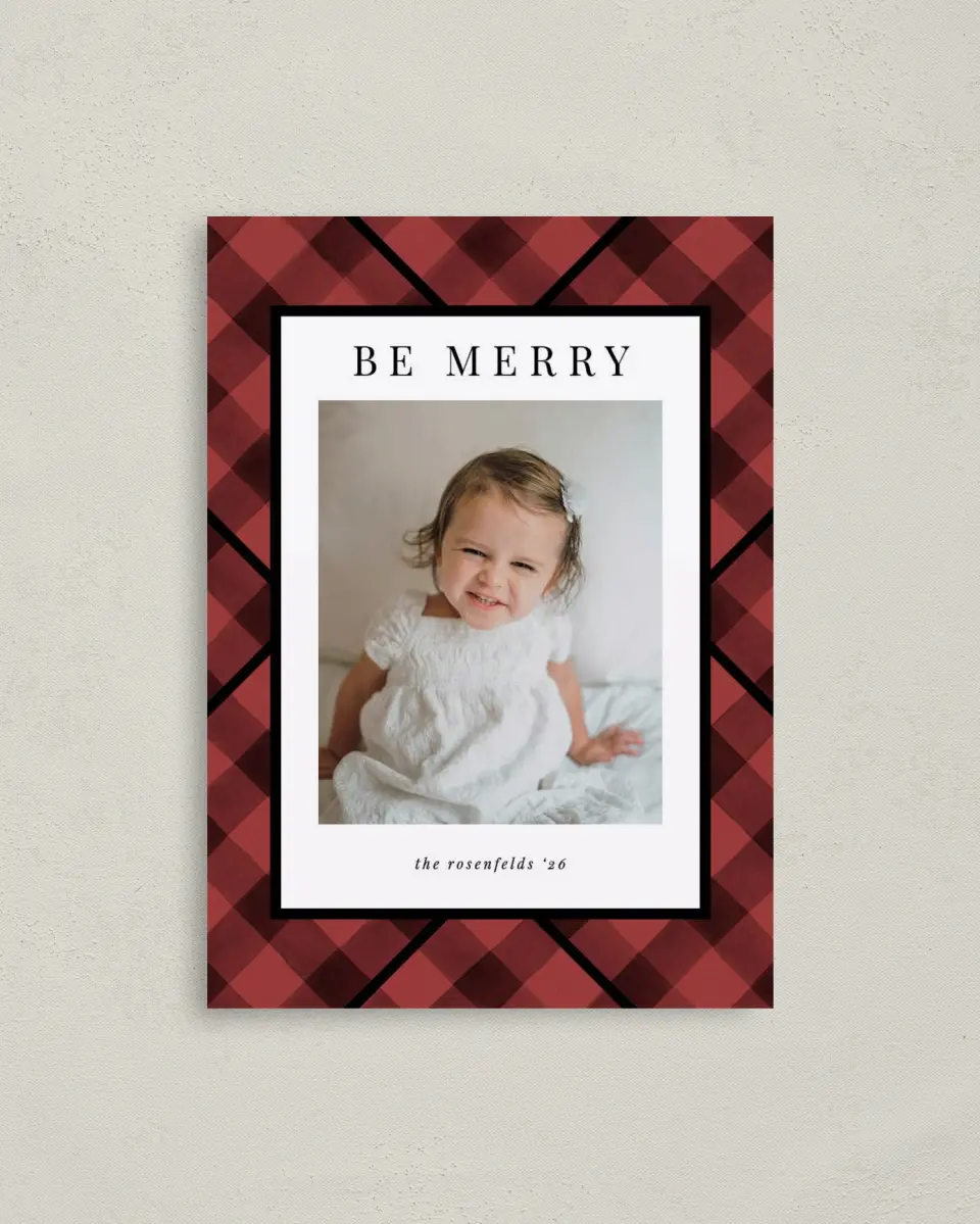 This is a 4" x 5.6" Christmas Card called Checkered Cheer printed in full color on Premium Smooth paper