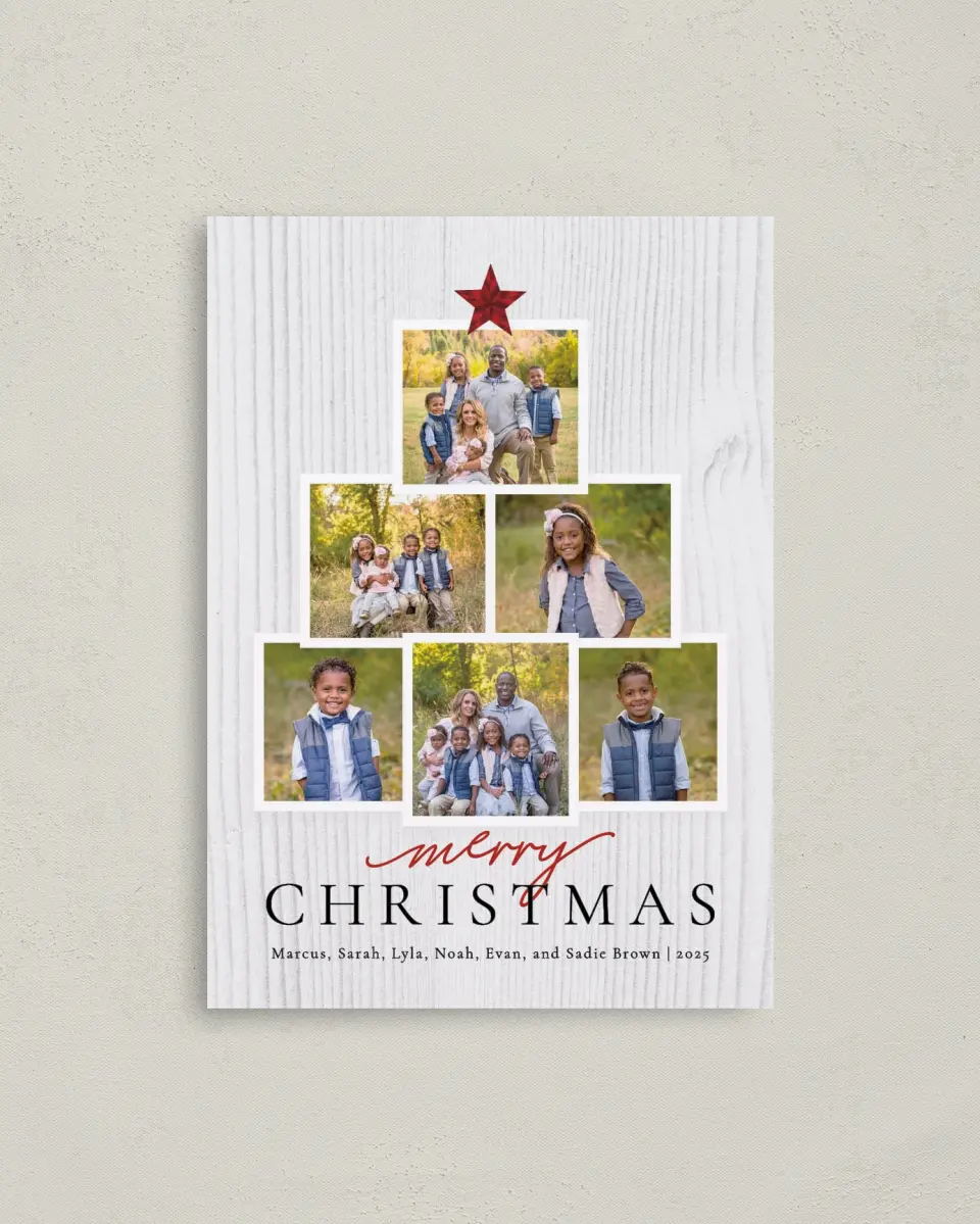 This is a 4" x 5.6" Christmas Card called Stacked Tree printed in full color on Premium Smooth paper