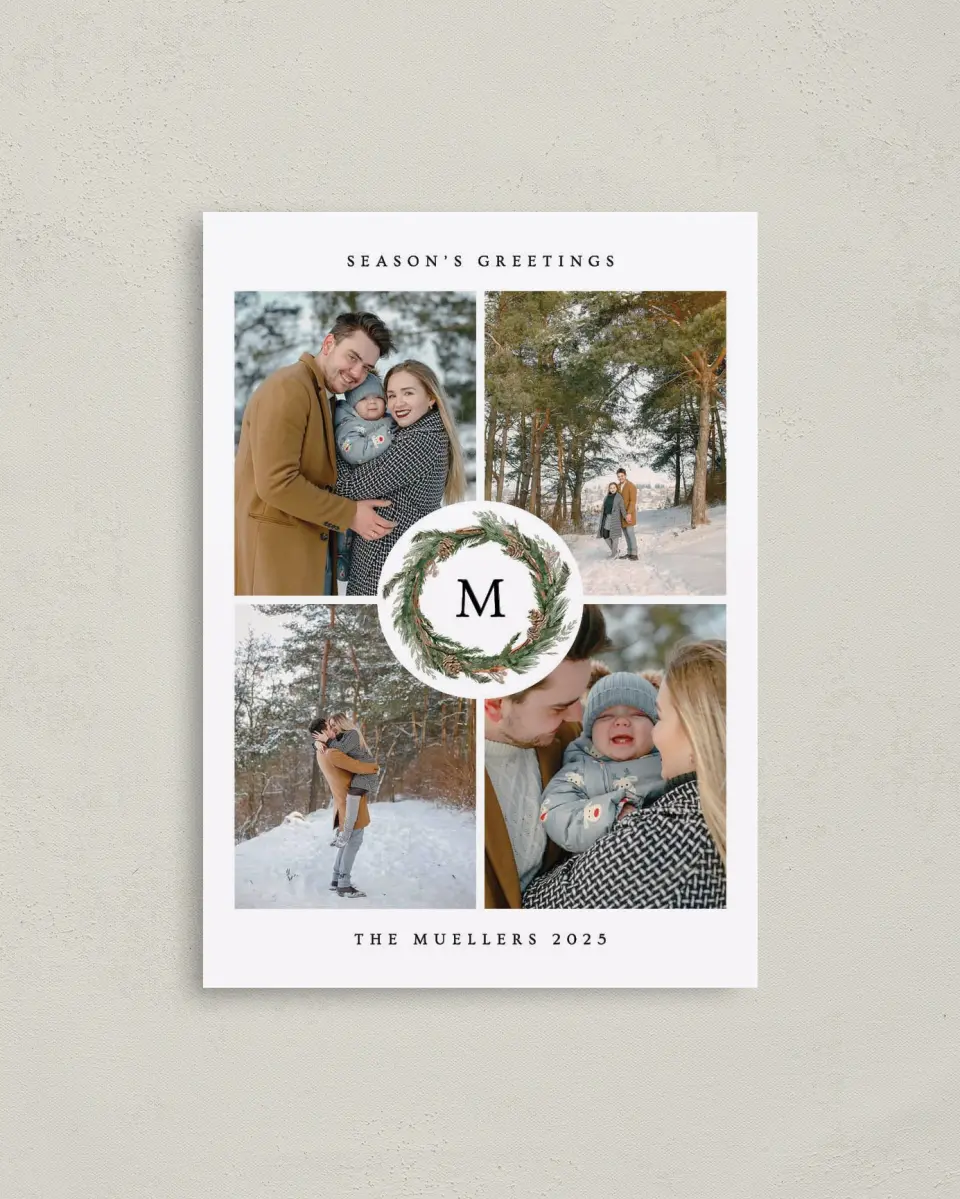 This is a 4" x 5.6" Christmas Card called Frosted Wreath printed in full color on Premium Smooth paper