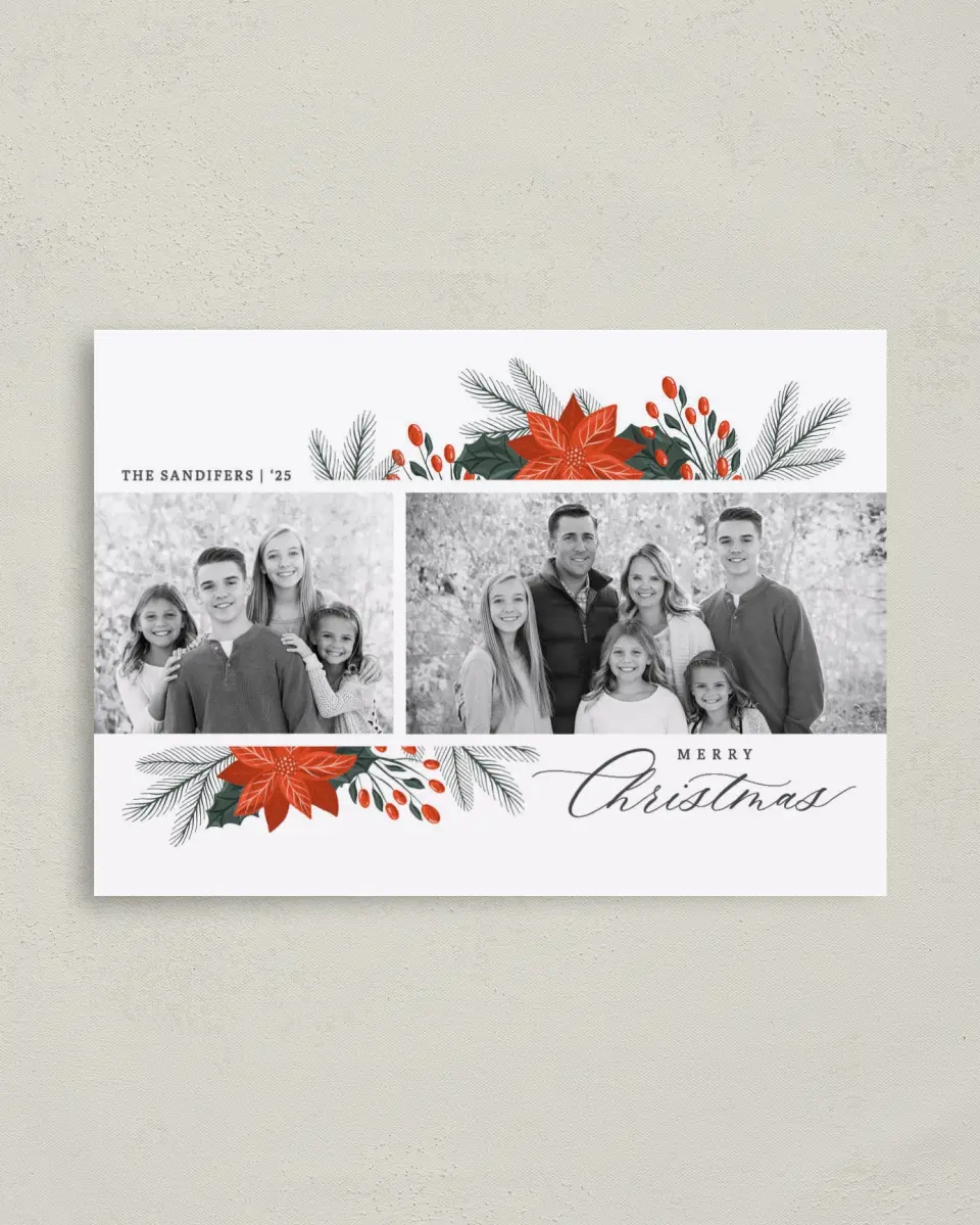 This is a 4" x 5.6" Christmas Card called Peaceful Poinsettia printed in full color on Premium Smooth paper