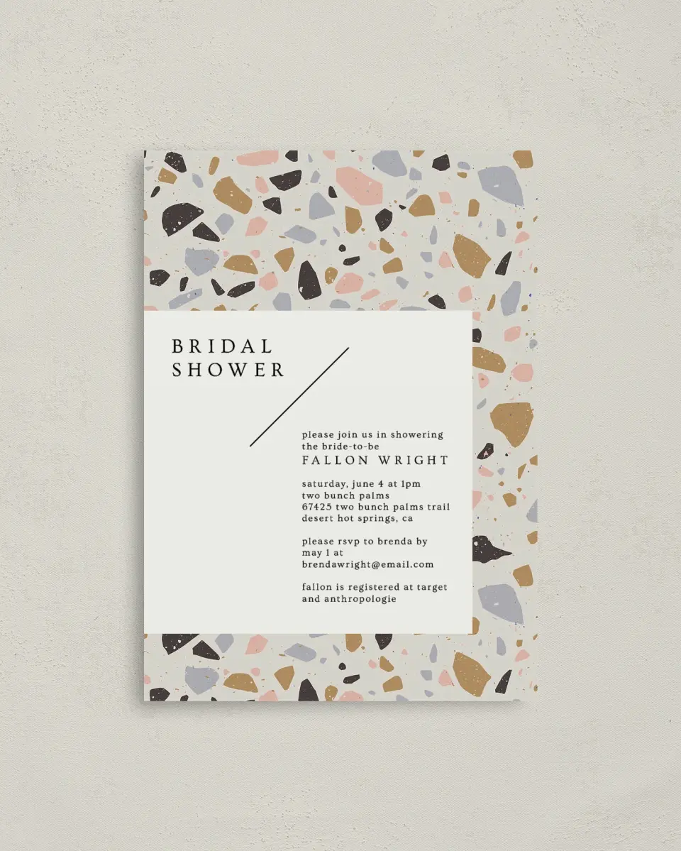 This is a 4" x 5.6" Bridal Shower Invitation Postcard called Modern Terrazzo printed in full color with Gold foil on Soft Touch Finish paper