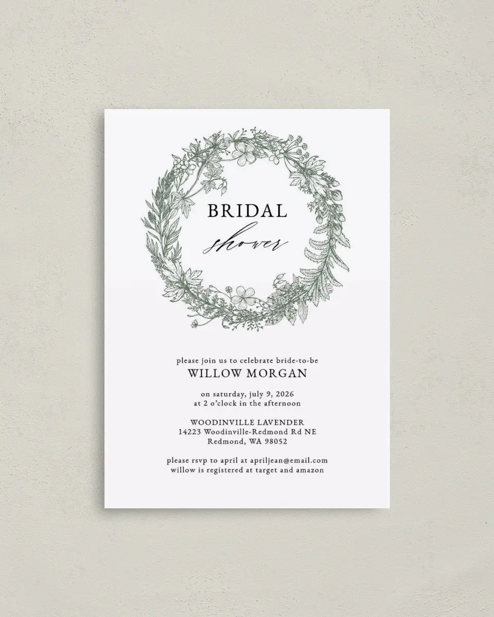 This is a 4" x 5.6" Bridal Shower Invitation Postcard called Budding Wreath printed in full color on Soft Touch Finish paper