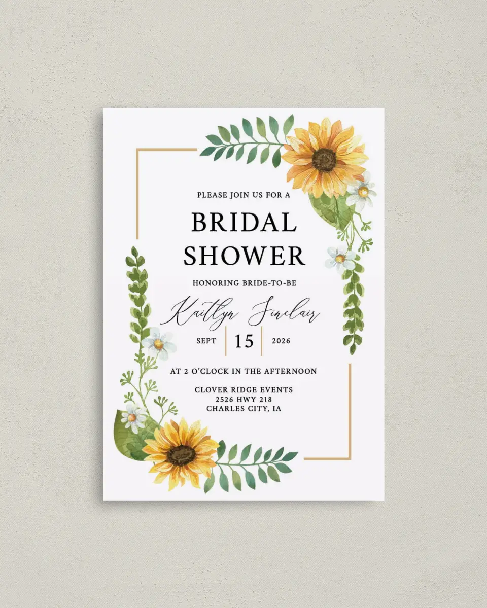 This is a 4" x 5.6" Bridal Shower Invitation Postcard called Sunflower Shower printed in full color on Soft Touch Finish paper