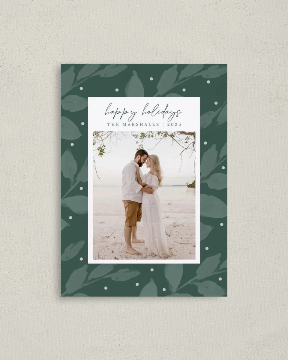 This is a 4" x 5.6" Christmas Card called Holiday Greenery printed in full color on Premium Smooth paper