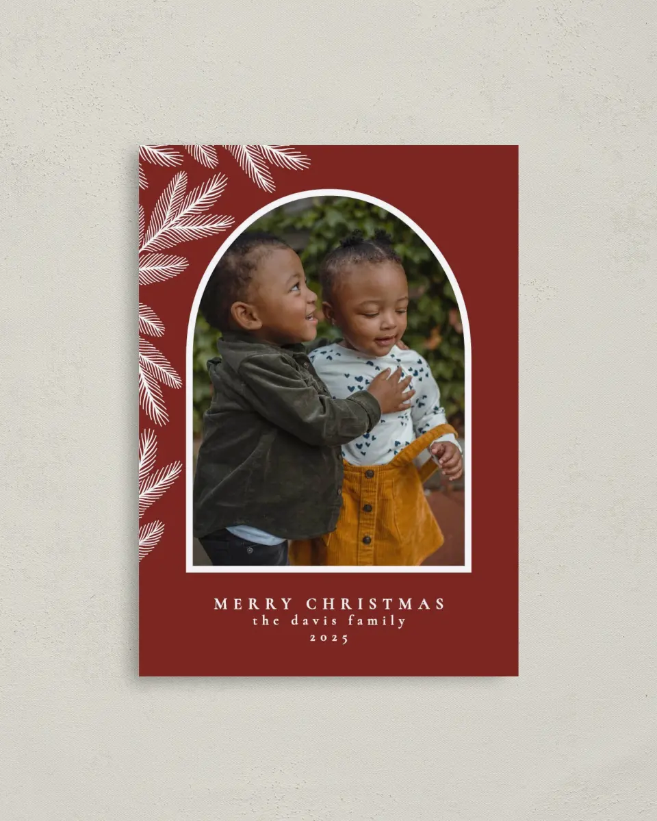 This is a 4" x 5.6" Christmas Card called Pine Corner printed in full color on Premium Smooth paper