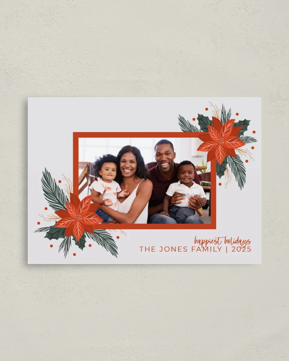 This is a 4" x 5.6" Christmas Card called Poinsettia Greetings printed in full color on Premium Smooth paper