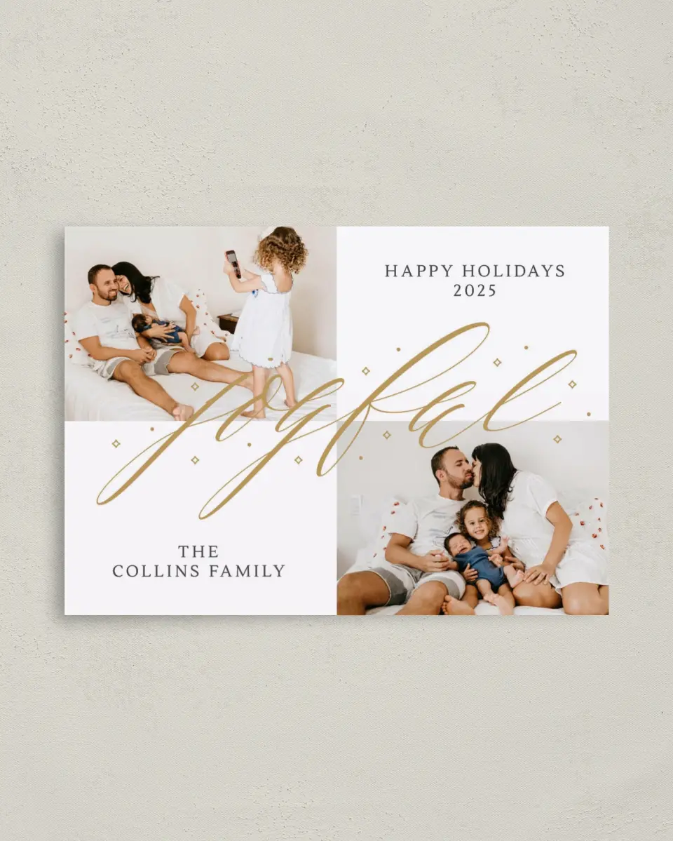 This is a 4" x 5.6" Christmas Card called Joyful Script printed in full color on Premium Smooth paper
