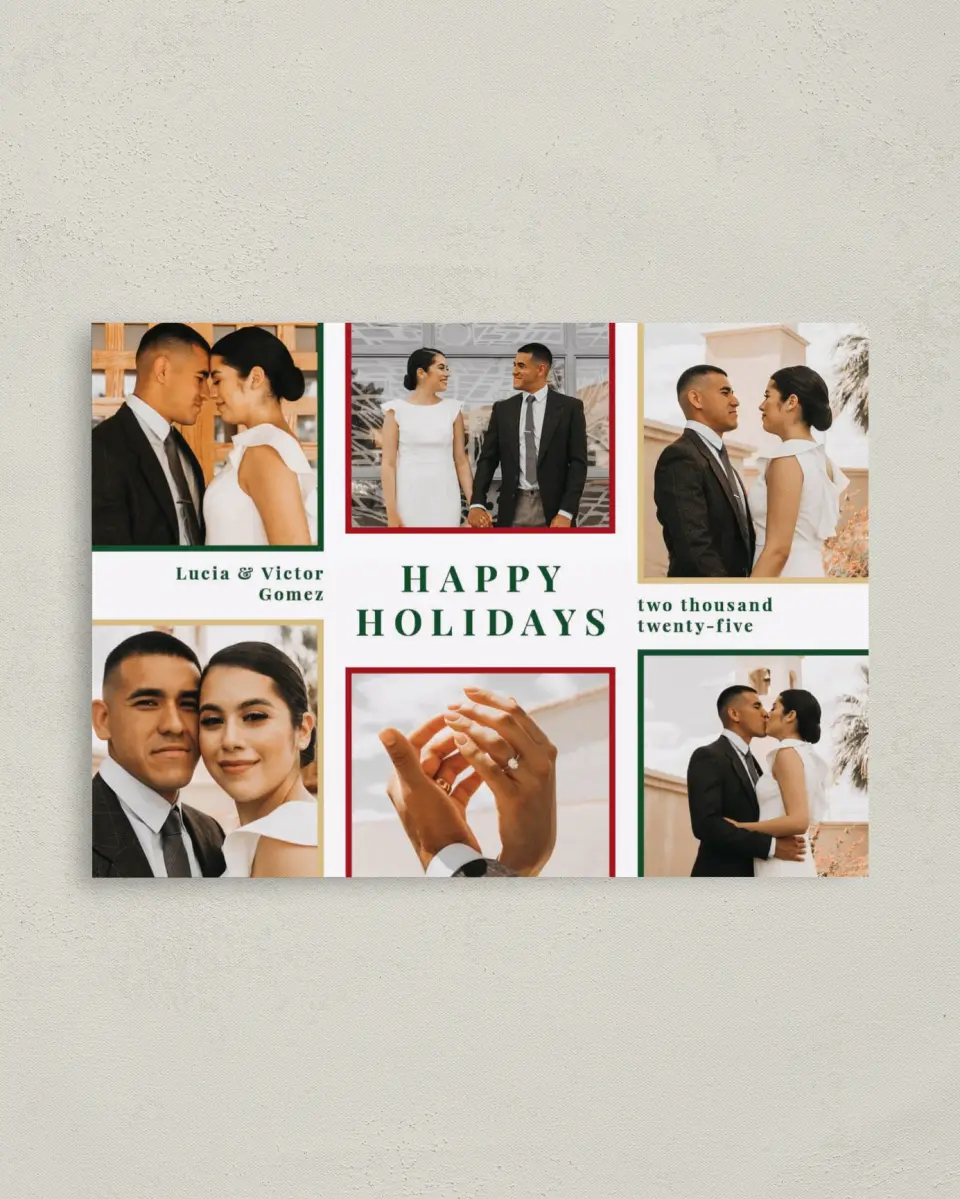 This is a 4" x 5.6" Christmas Card called Holiday Gallery printed in full color on Premium Smooth paper
