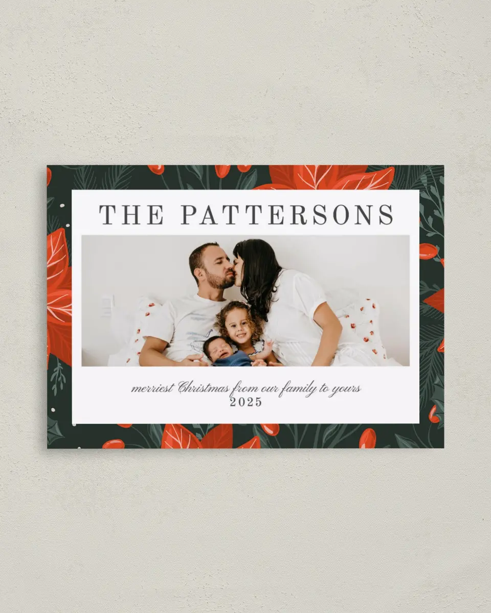This is a 4" x 5.6" Christmas Card called Poinsettia Pattern printed in full color on Premium Smooth paper