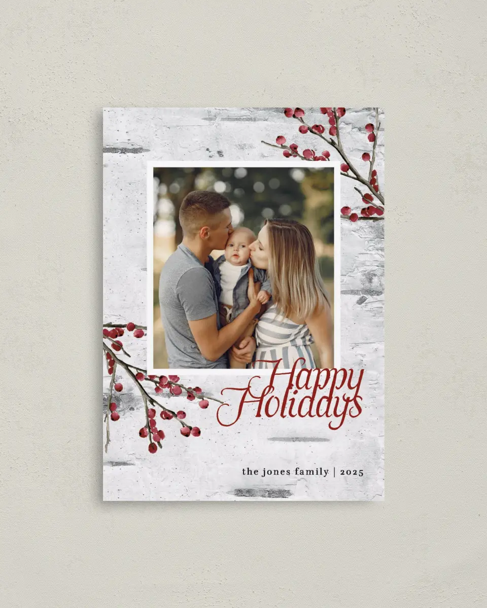 This is a 4" x 5.6" Christmas Card called Beloved Birch printed in full color on Premium Smooth paper