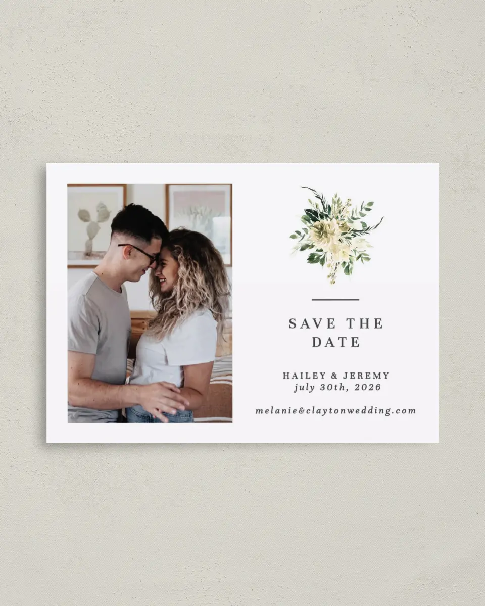 This is a 4" x 5.6" Save the Date Postcard called Honest Bouquet printed in full color on Soft Touch Finish paper