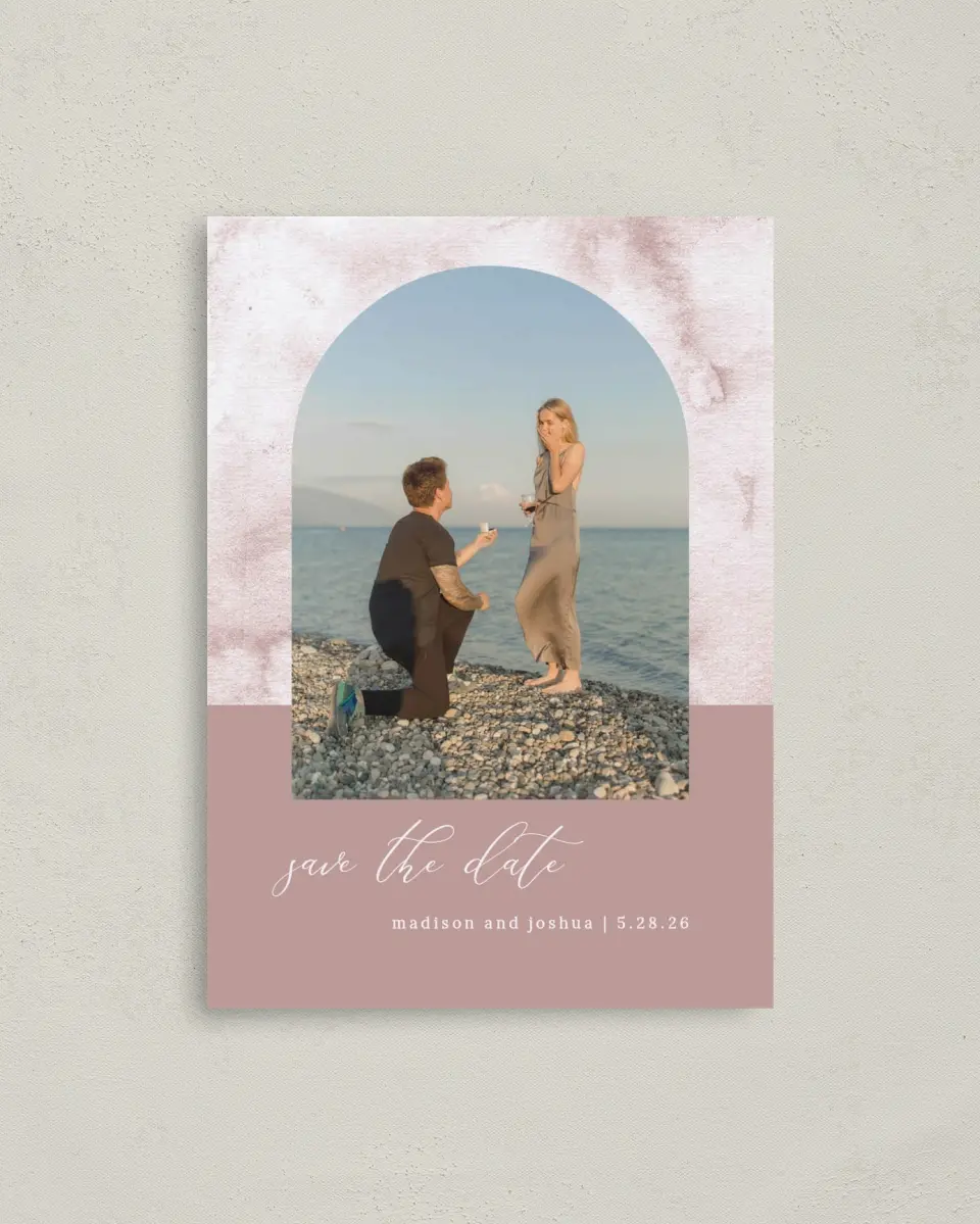 This is a 4" x 5.6" Save the Date Postcard called Gentle Touch printed in full color on Soft Touch Finish paper