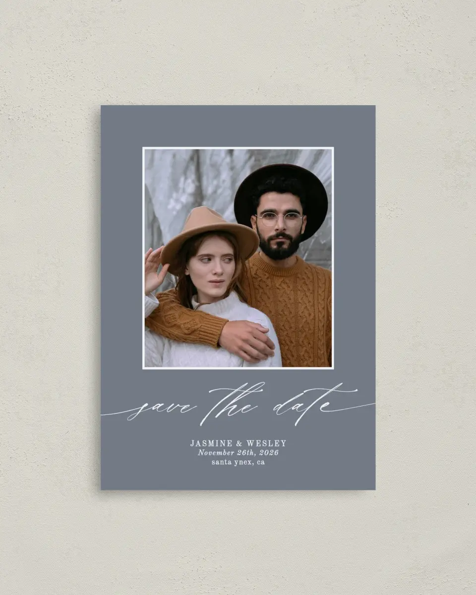 This is a 4" x 5.6" Save the Date Postcard called Natural Floral printed in full color on Soft Touch Finish paper