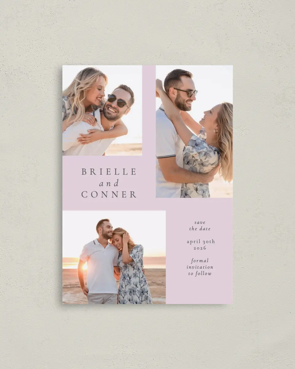 This is a 4" x 5.6" Save the Date Postcard called Modest Moment printed in full color on Soft Touch Finish paper