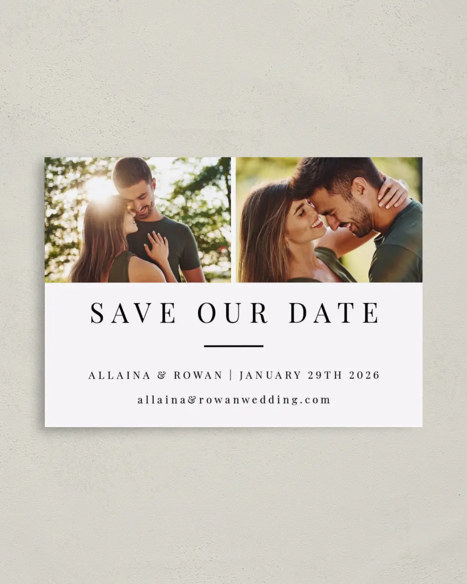 This is a 4" x 5.6" Save the Date Postcard called Pure Devotion printed in full color on Soft Touch Finish paper