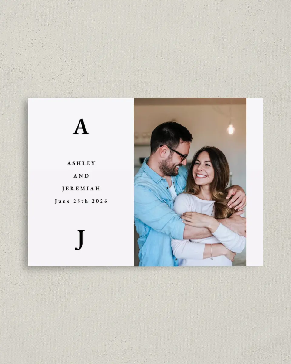 This is a 4" x 5.6" Save the Date Postcard called Simple Drama printed in full color on Soft Touch Finish paper