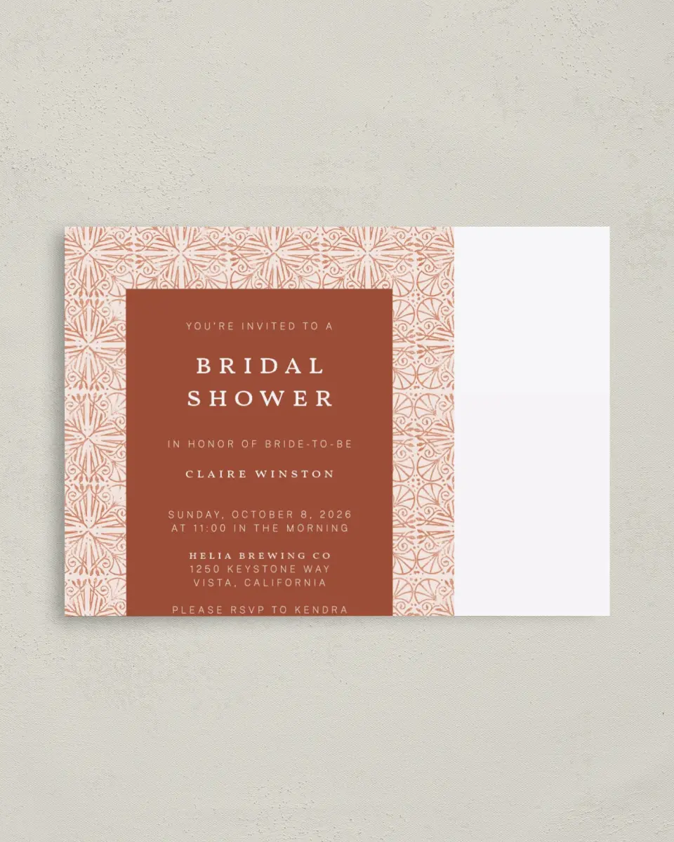 This is a 4" x 5.6" Bridal Shower Invitation Postcard called Stamped Shower printed in full color with Silver foil on Soft Touch Finish paper