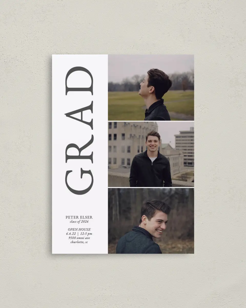 This is a 4" x 5.6" Graduation Announcement Postcard called Grand Grad printed in full color on Soft Touch Finish paper