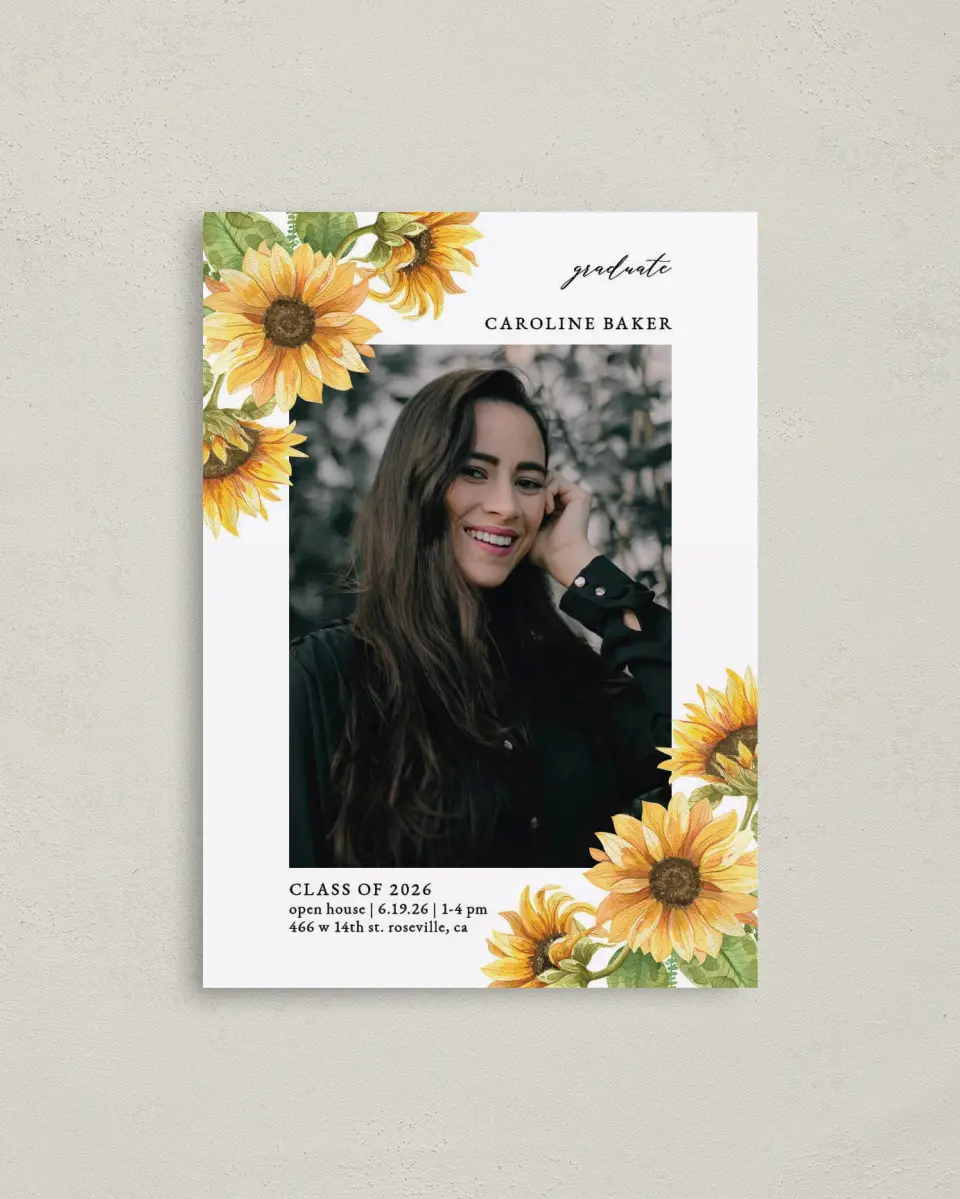 This is a 4" x 5.6" Graduation Announcement Postcard called Sunflower Student printed in full color on Soft Touch Finish paper