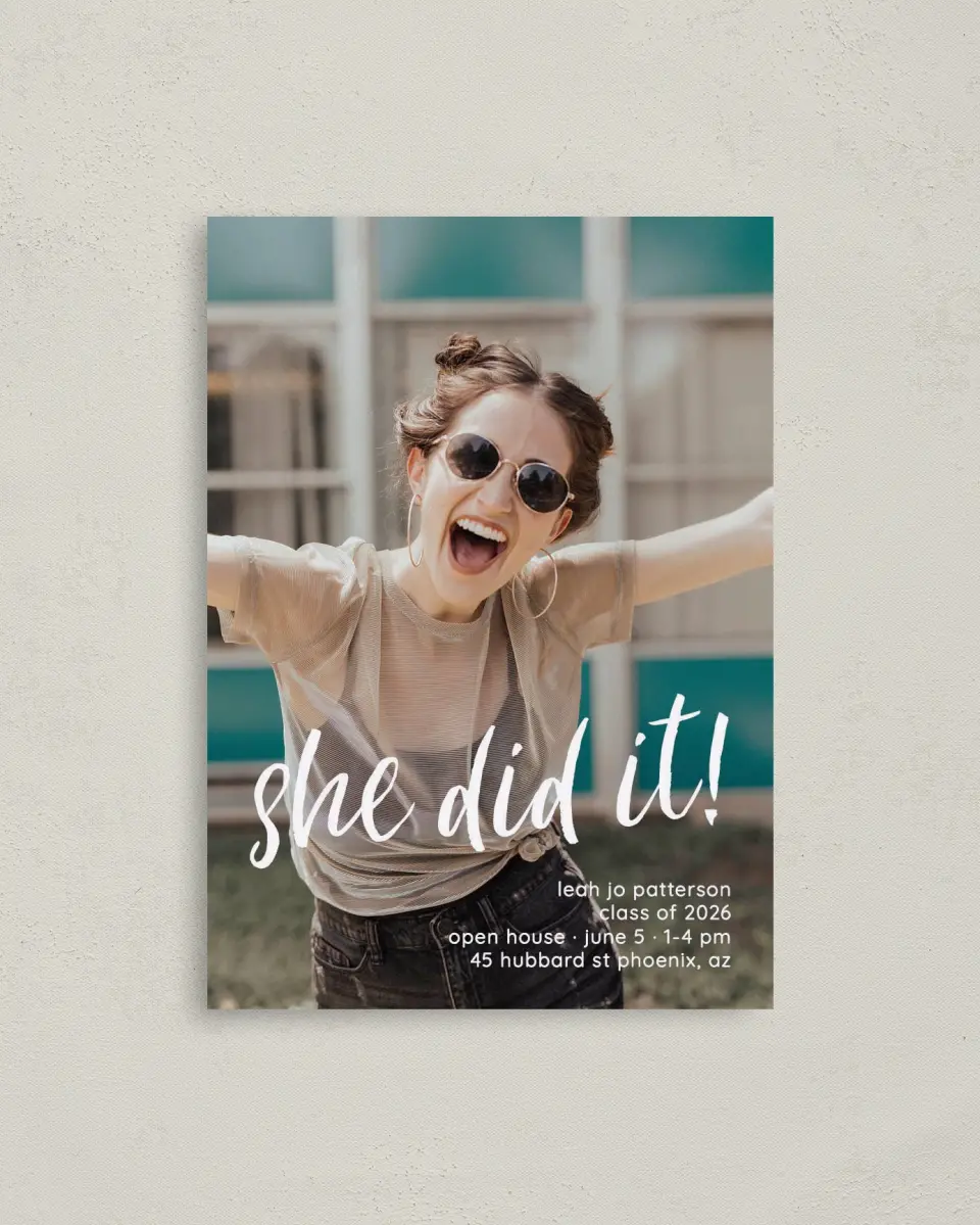This is a 4" x 5.6" Graduation Announcement Postcard called She did it! printed in full color on Soft Touch Finish paper