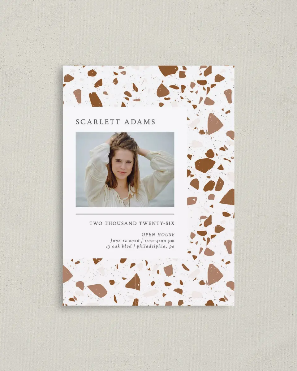This is a 4" x 5.6" Graduation Announcement Postcard called Proud Cornerstone printed in full color on Soft Touch Finish paper