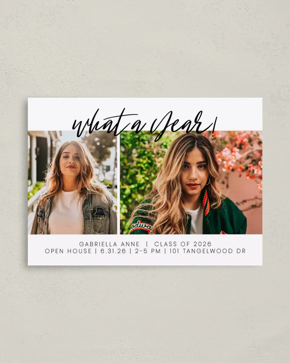 This is a 4" x 5.6" Graduation Announcement Postcard called What a Year! printed in full color on Soft Touch Finish paper