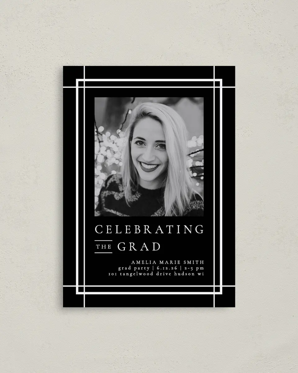 This is a 4" x 5.6" Graduation Announcement Postcard called Modern Celebration printed in full color on Soft Touch Finish paper