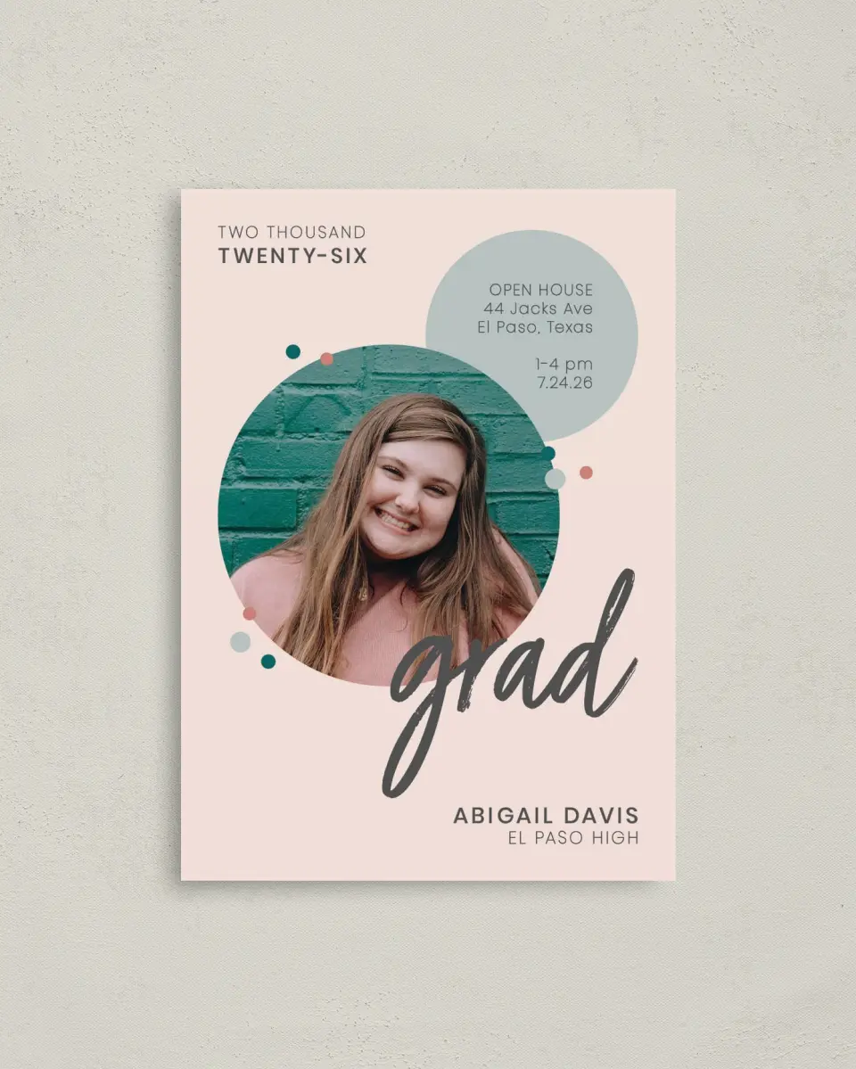 This is a 4" x 5.6" Graduation Announcement Postcard called Class Ring printed in full color on Soft Touch Finish paper