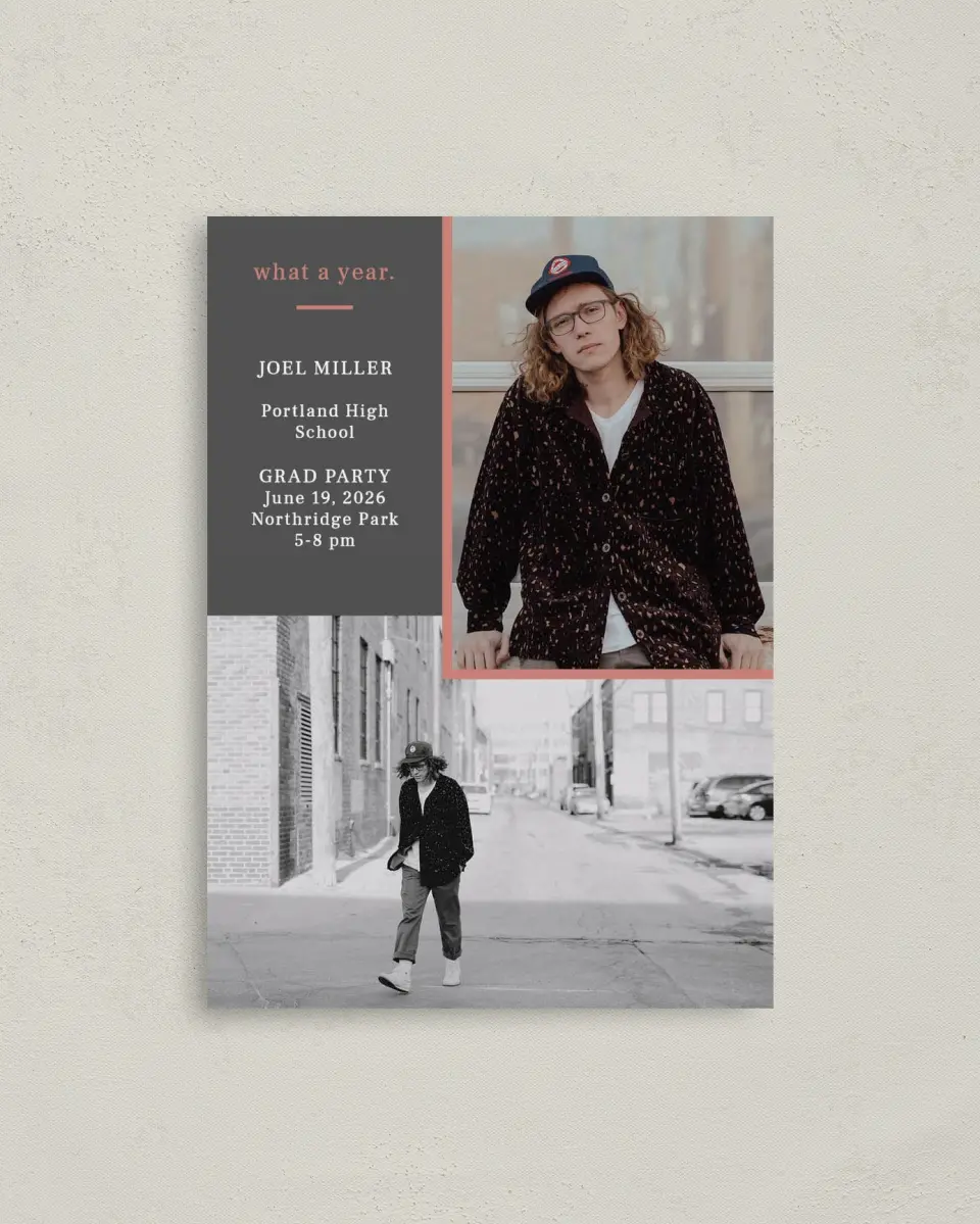 This is a 4" x 5.6" Graduation Announcement Postcard called Duo Pix printed in full color on Soft Touch Finish paper