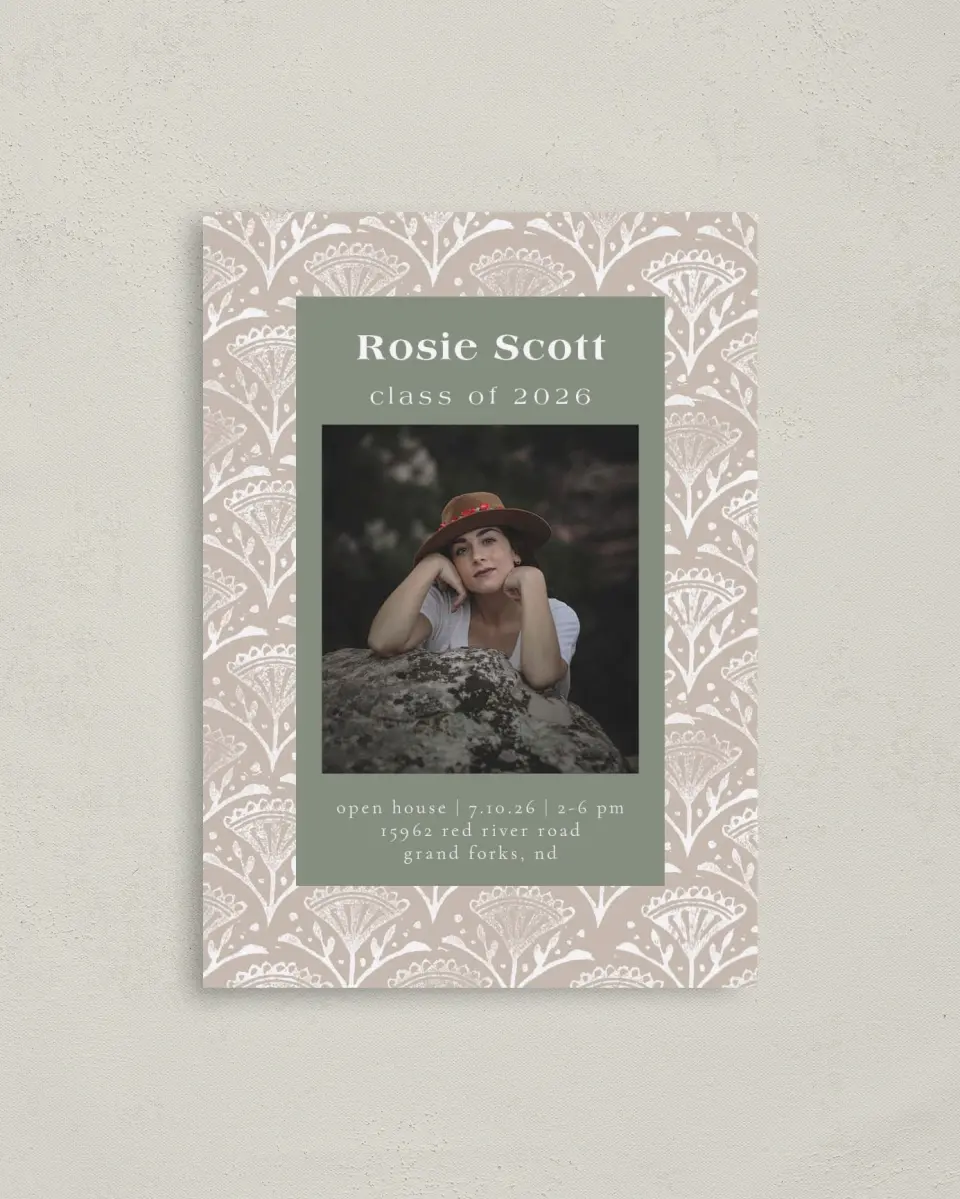 This is a 4" x 5.6" Graduation Announcement Postcard called Classy Pattern printed in full color on Soft Touch Finish paper