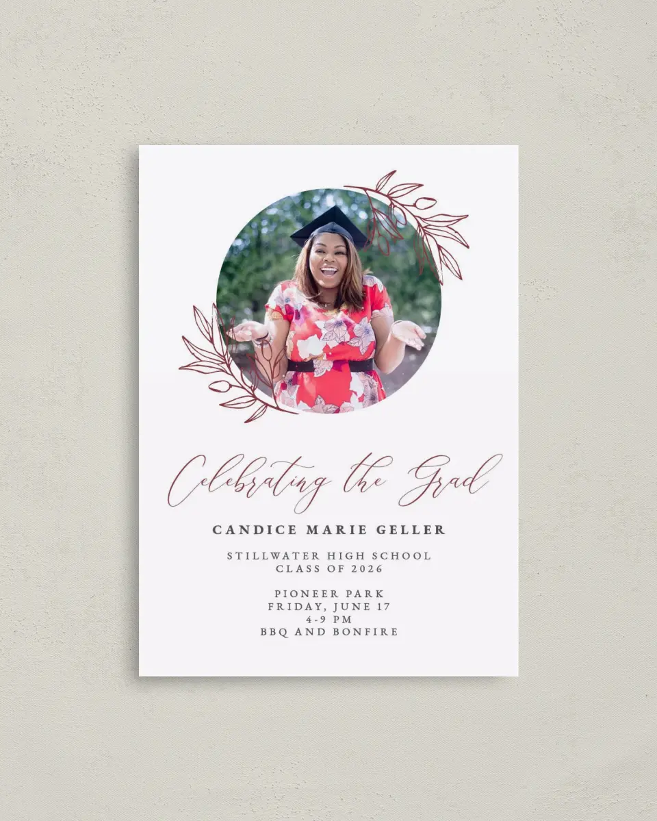 This is a 4" x 5.6" Graduation Announcement Postcard called Celebrating the Grad printed in full color on Soft Touch Finish paper