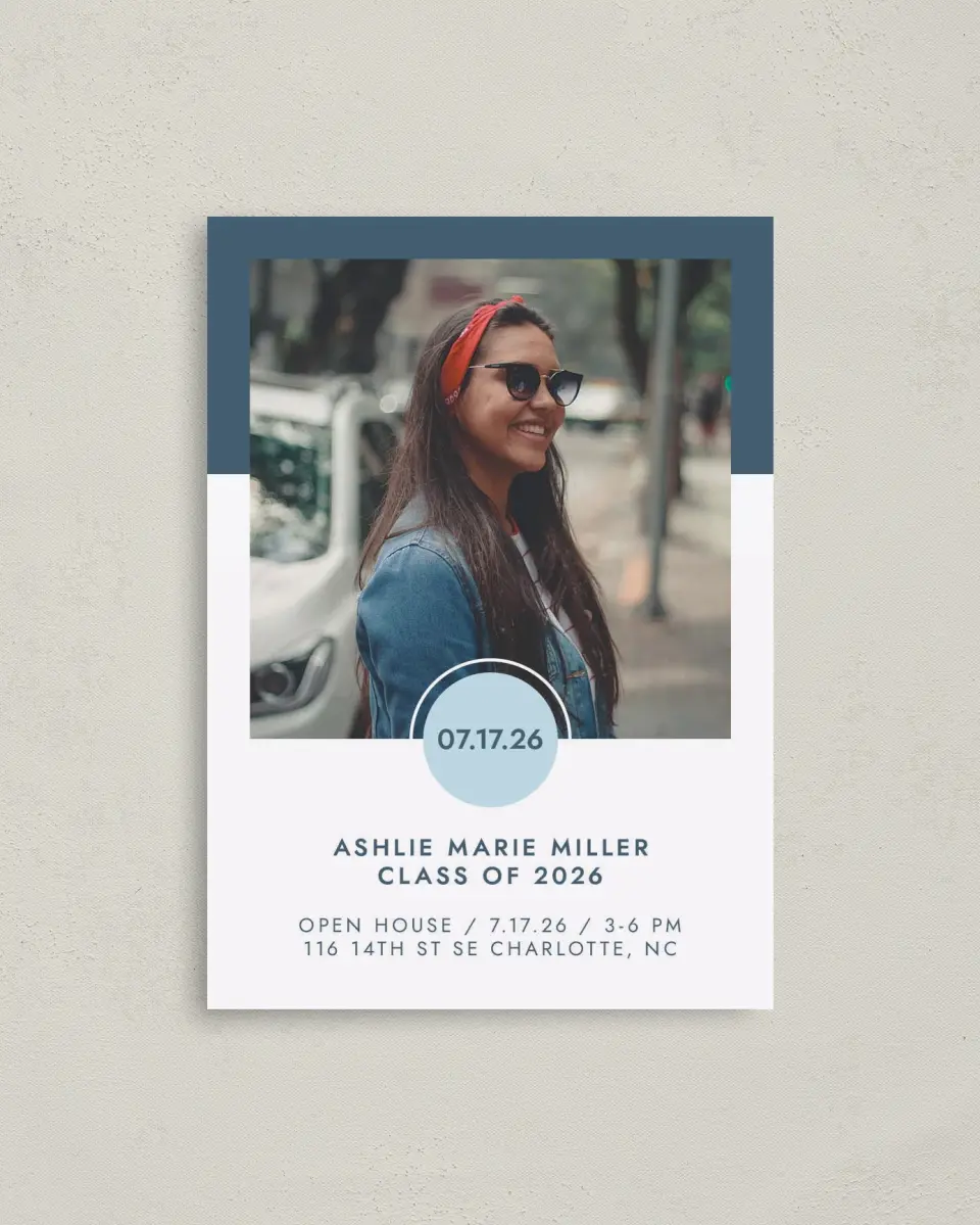 This is a 4" x 5.6" Graduation Announcement Postcard called Grad Date printed in full color on Soft Touch Finish paper