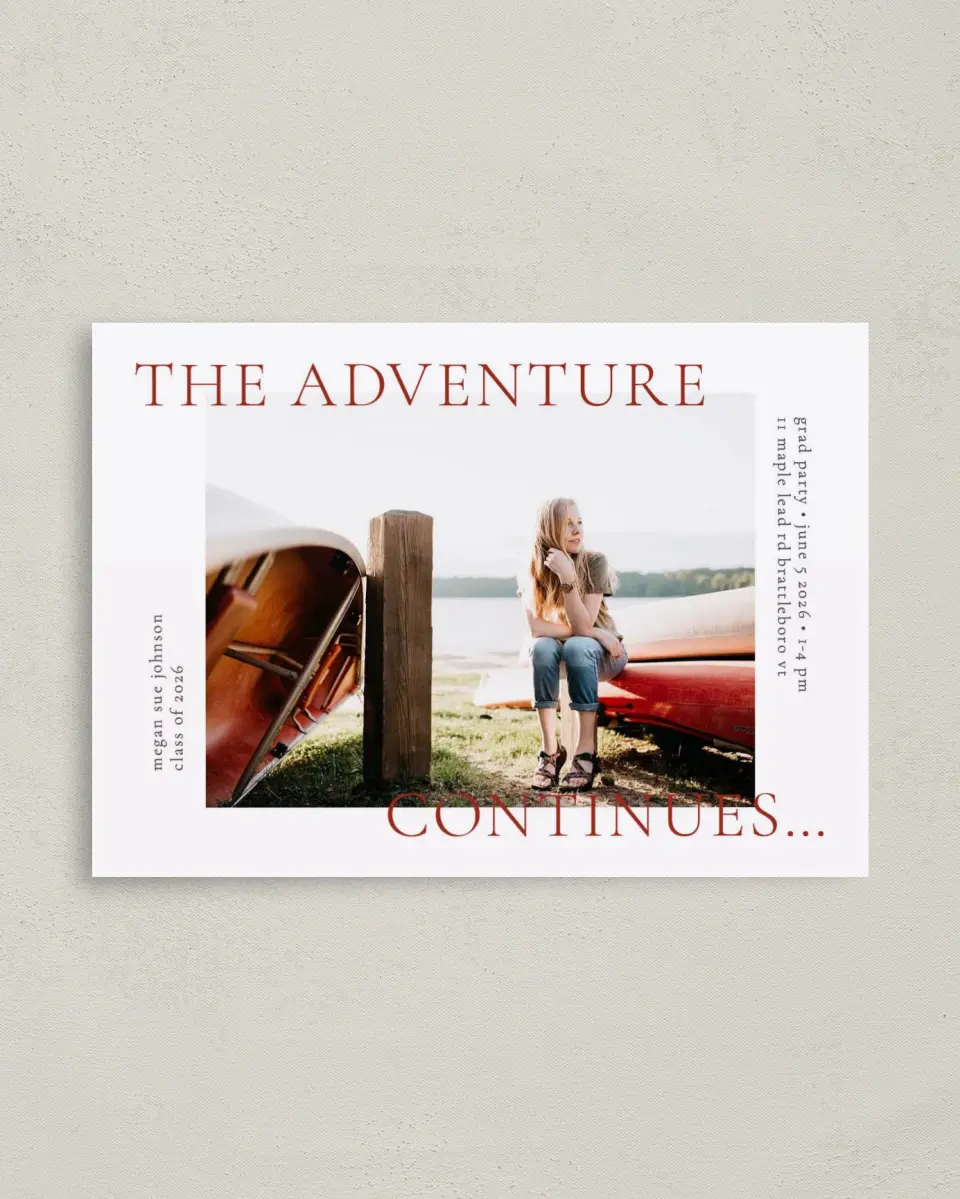 This is a 4" x 5.6" Graduation Announcement Postcard called Adventure Continues printed in full color on Soft Touch Finish paper