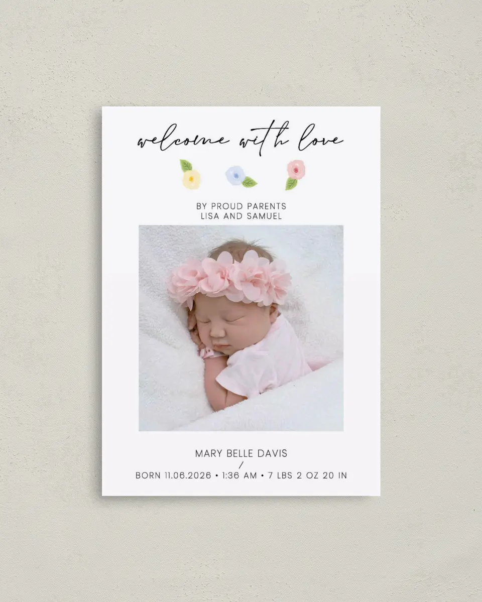 This is a 4" x 5.6" Birth Announcement Postcard called Welcome Little Flower printed in full color on Soft Touch Finish paper