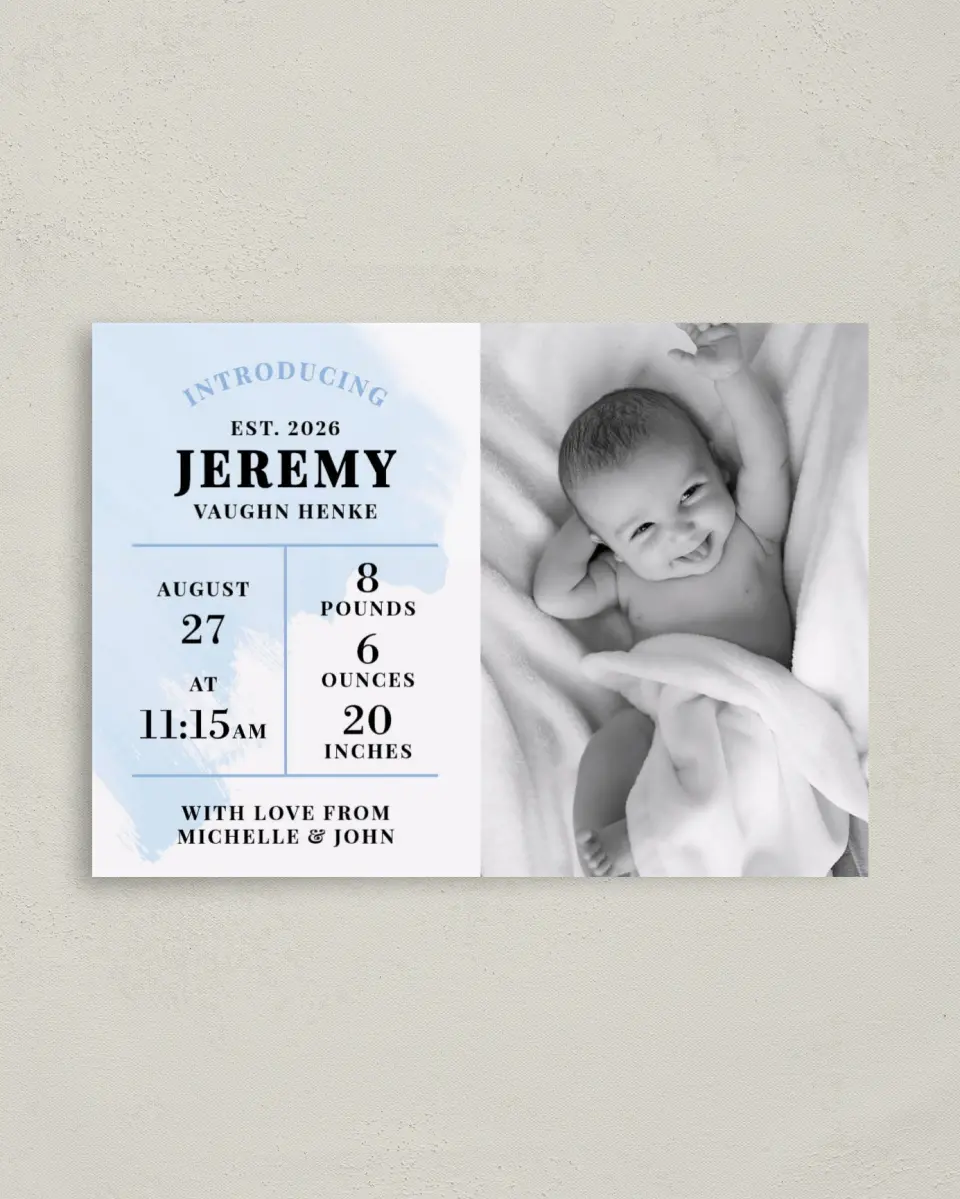 This is a 4" x 5.6" Birth Announcement Postcard called Watercolor Wash printed in full color on Soft Touch Finish paper