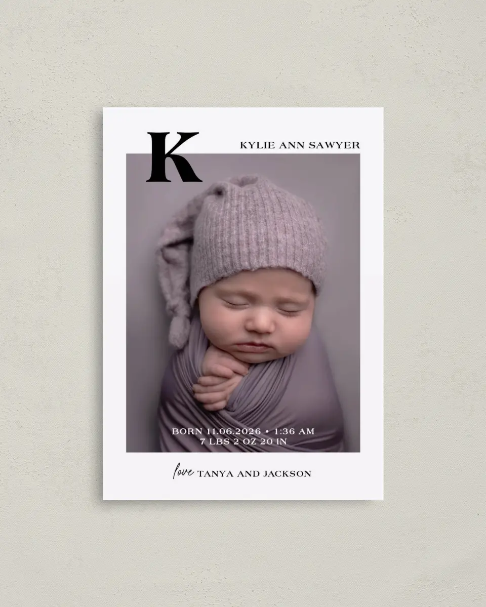 This is a 4" x 5.6" Birth Announcement Postcard called Sweet Monogram printed in full color with Silver foil on Soft Touch Finish paper