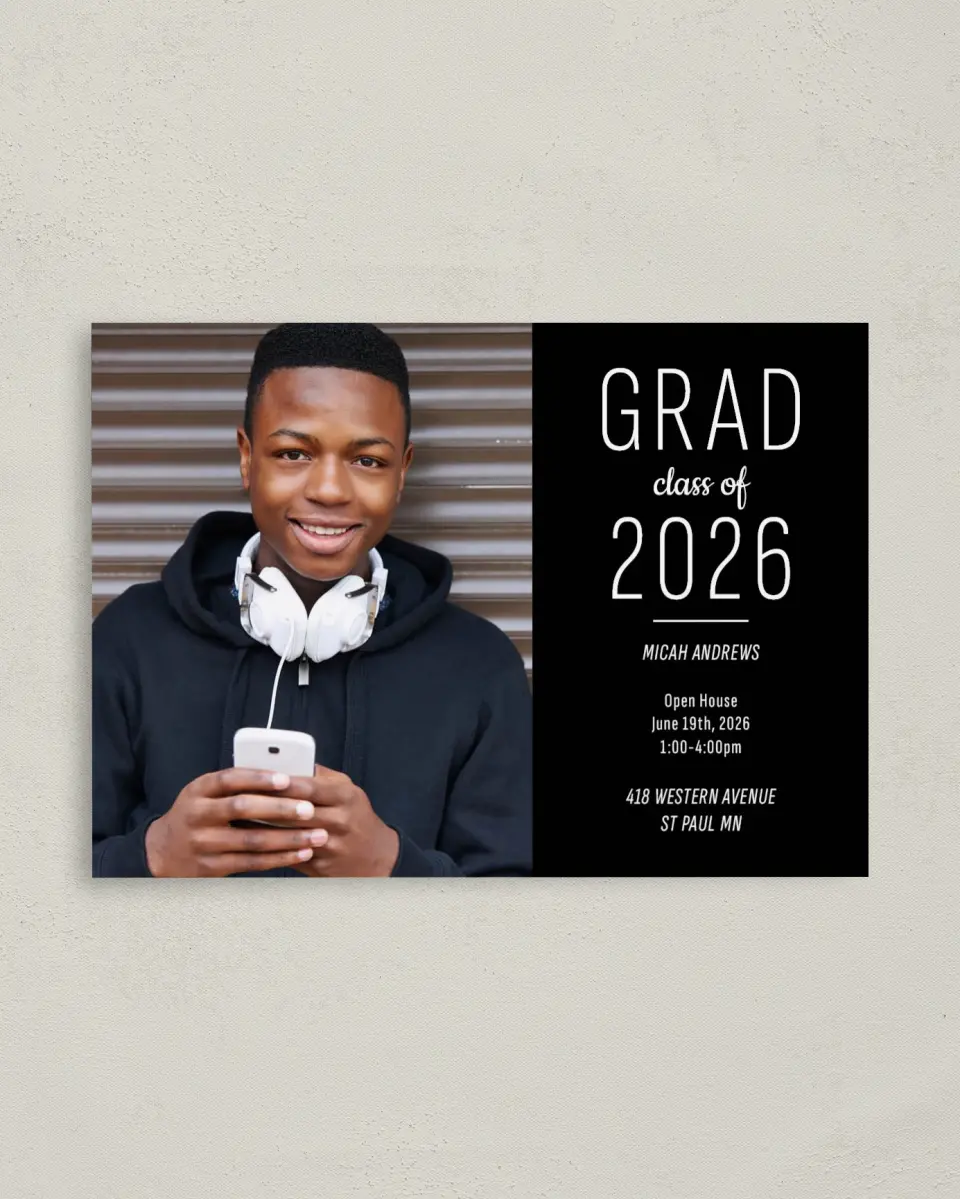 This is a 4" x 5.6" Graduation Announcement Postcard called Graduation Glow printed in full color on Soft Touch Finish paper