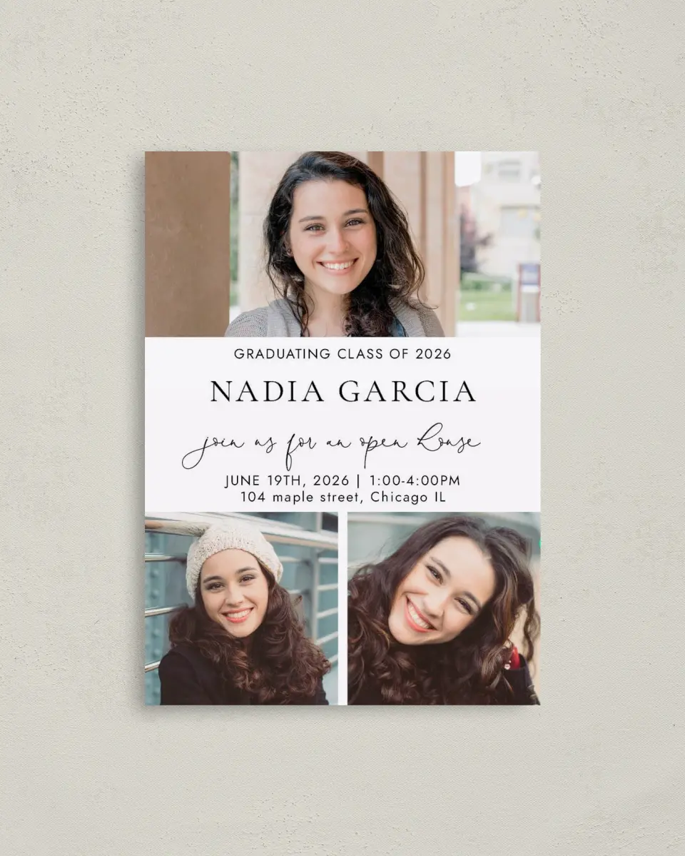 This is a 4" x 5.6" Graduation Announcement Postcard called Chic Charm printed in full color on Soft Touch Finish paper