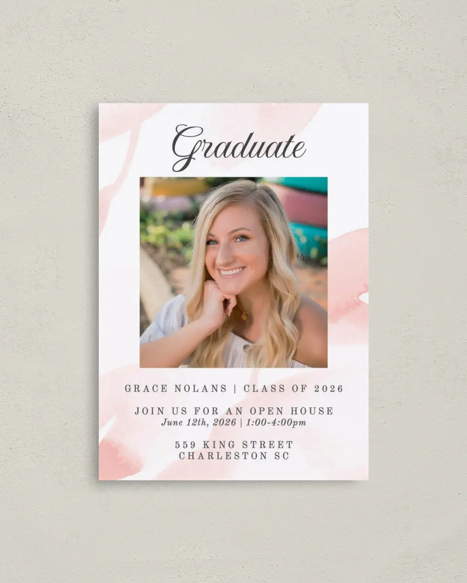 This is a 4" x 5.6" Graduation Announcement Postcard called Painted and Pretty printed in full color on Soft Touch Finish paper