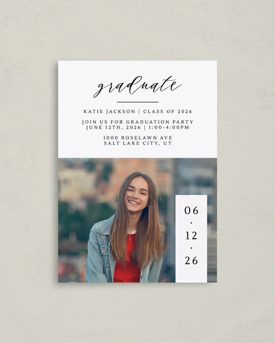 This is a 4" x 5.6" Graduation Announcement Postcard called Graduate Date printed in full color on Soft Touch Finish paper